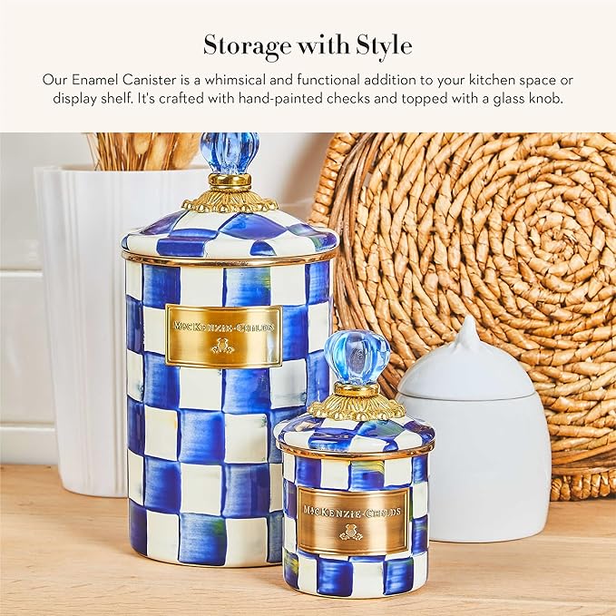 MACKENZIE-CHILDS Royal Check Enamel Canister, Blue-and-White Kitchen Storage Container with Lid, Demi