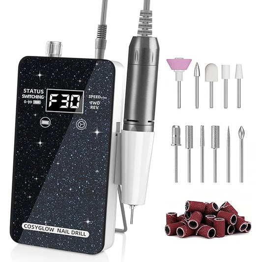 Professional Electric Nail Drill File:COSYGLOW Glitter Portable Cordless E-File Nail Drill Kit with 11 Drill Bits,30000 RPM Rechargeable Nail Drills Machine for Acrylic Nails Gel Polishing(Black)-BrightBean Baby