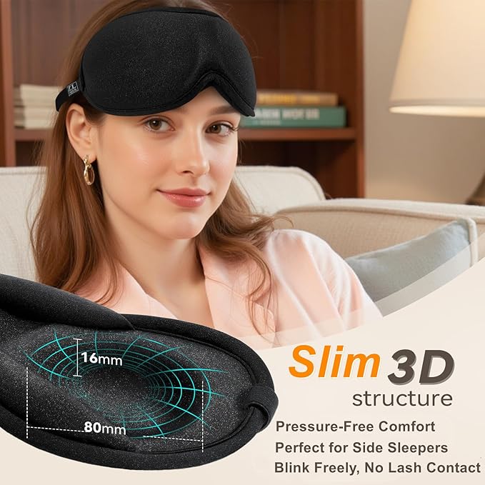 Slim 3D Sleep Mask for Side Sleepers, Blackout Sleeping Maskfor Men Women, Zero Eye Pressure, Ultra Soft Eye Masks for Sleeping, Perfect for Travel, Nap, Meditation, Airplane (Black)-BrightBean Baby