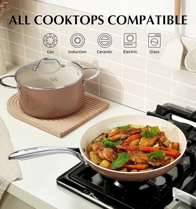 KOCH SYSTEME CS 10 Inch Nonstick Frying Pan with Lid - Ceramic Non Toxic Brown