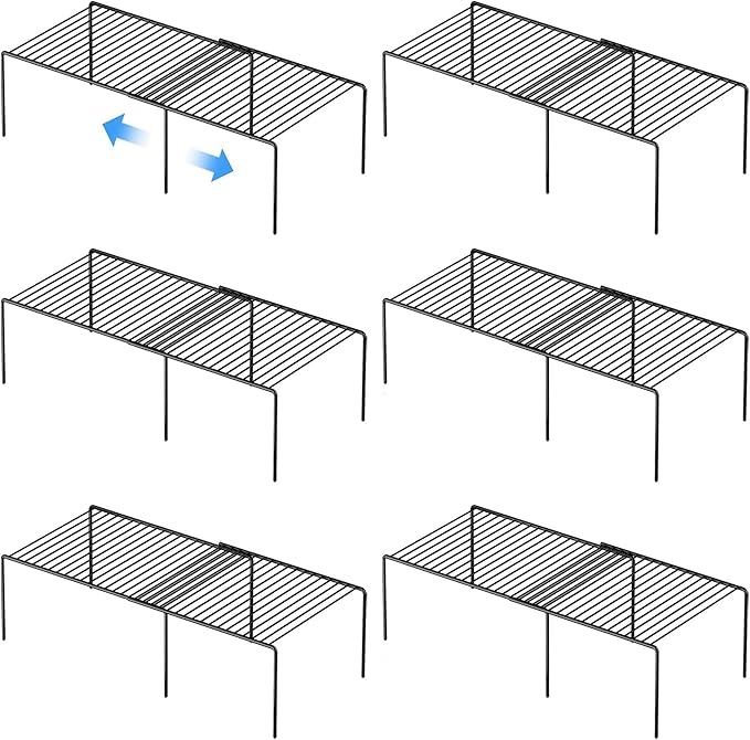 Kitchen Cabinet Expandable Shelf Organizers Set of 6, Adjustable Metal Wire Pantry Storage Shelves, Plate Dish Organizer Rack for Cabinets, Cupboard, Counter, Freezer, Countertop, Black