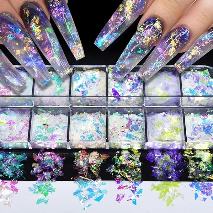 12 Colors Holographic Nail Art Glitter Sequins Aurora Holographic Mermaid Nail Glitter Flash Ice Residue Nail Glitter Sequin Chameleon Flakes Set Fluorescent Glass Paper for Face Body DIY Decoration-BrightBean Baby
