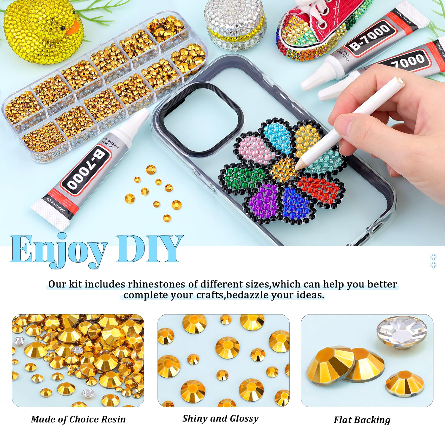 6000Pcs Resin Rhinestones for Bedazzling with 3Pcs B7000 Jewelry Glue, 1 Box Mine Gold Flatback Rhinestones for Crafting Crafts DIY, Crystals Gems for Clothing Shoes Tumblers Nail Art Makeup-BrightBean Baby