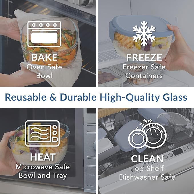 Bentgo Glass All-in-One Salad Container - Large 61-oz Salad Bowl with Lid, 4-Compartment Bento-Style Tray, 3-oz Sauce Container, and Reusable Fork - Dishwasher, Microwave, and Oven Safe (Light Blue)