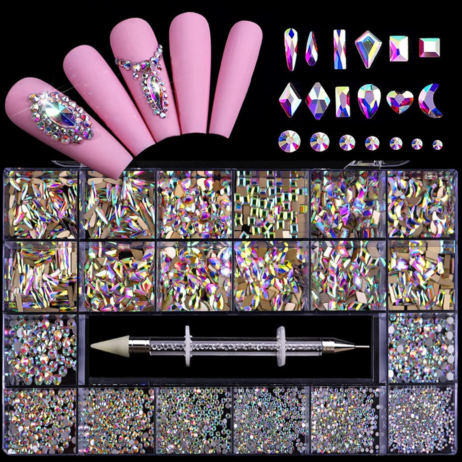 Nail Rhinestones Kit, Nail Art Decorations Flat AB Rhinestones Kit DIY Crafts Gemstones for Nail, Shoes, Clothes, Jewels (600 Iridescent Diamonds + 2500 Flat Rhinestone)-BrightBean Baby