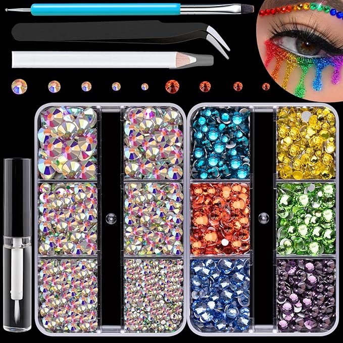 Colorful Face Gems for Makeup Set, Flatback Gorgeous AB Gems+Mixed-Colored Chameleon Crystals with Makeup Glue+Picker Pencil+Tweezer+Dual-End Dotting Tool for Eye Body Hair Make-up and Nail Art Deco-BrightBean Baby