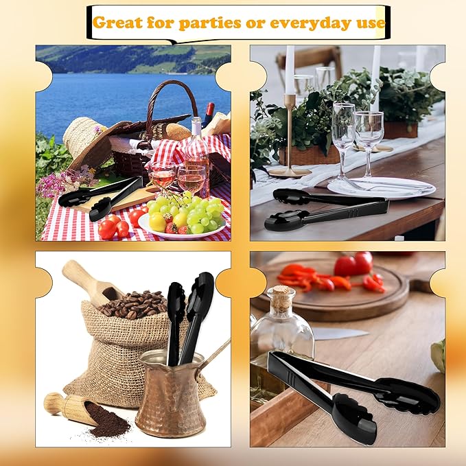 30 Pack 9 Inch Black Plastic Serving Tongs Durable Disposable Scalloped Buffet Food Tongs for Buffet Salad BBQ Catering Parties and Events
