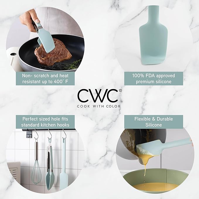 COOK WITH COLOR Stainless Steel Silicone Tipped Kitchen & BBQ Tongs Set, 3 Pc Utensils, Green