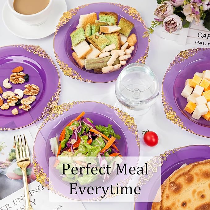 Nervure 50PCS Purple Plastic Bowls with Gold Rim - 12oz Disposable Soup Bowls, Heavy Duty Salad Dessert Bowl Perfect For Weddings, Parties and Everyday Use