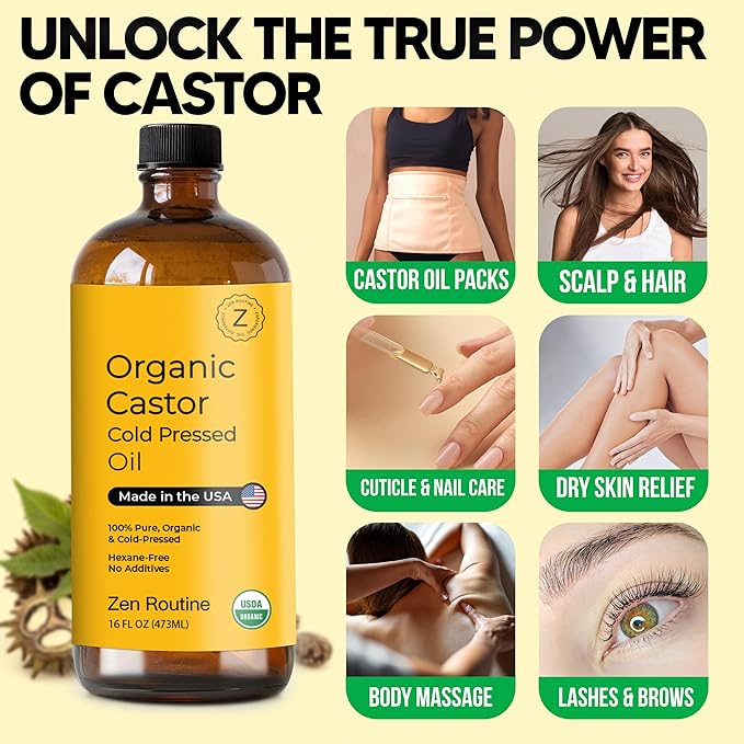 Zen Routine New (Glass Bottle) Organic Castor Oil 16oz – Hexane Free – Hair Growth Oil, Eye Lashes & Stomach, 100% Cold Pressed Unrefined Pure for Castor Pack Wrap – USDA Certified, Made in the USA-BrightBean Baby