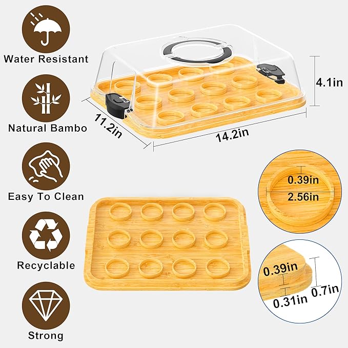 MinBoo Reusable Bamboo Cupcake Storage for Birthday Holiday Party Bakery Supplies Containers Portable 12 Standard-Size Cupcakes with Heightened Transparent Lid & Carry Handle