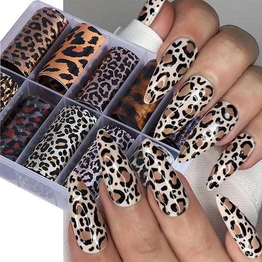 10 Rolls Leopard Print Nail Foil Transfer Stickers Autumn Winter Nails Decoration Self Adhesive Leopard Nail Foils Transfer Nail Art Animal Print Nails Supplies for Women DIY Manicure Accessories-BrightBean Baby