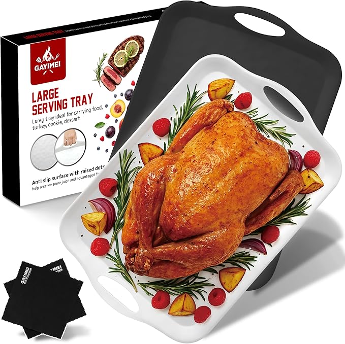 20" x 13" Large Serving Platters for Turkey, Cookie, Cupcakes, Gift Ready Melamine Serving Tray with Handles for Party Entertaining, Raised Dots & Matt Finish, Set of 2, White & Black