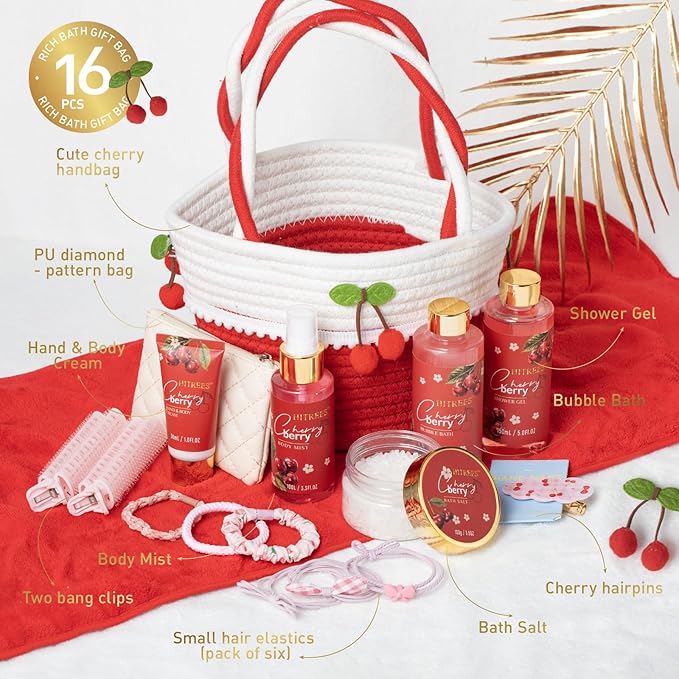Spa Gifts for Women, Cherry & Berry Spa Gift Set for Teenage Tote Bag, Shower Gel, Hand & Body Lotion, Hitrees Birthday for Best Friend Woman, Mom, Mothers Day-BrightBean Baby