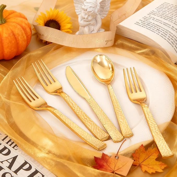 KIRE 400PCS Gold Plastic Silverware - Extra Heavy Duty Hammered Silverware Disposable Set, Gold Utensils Set Include 200 Forks,100 Knives,100 Spoons for Thanksgiving Party, Wedding