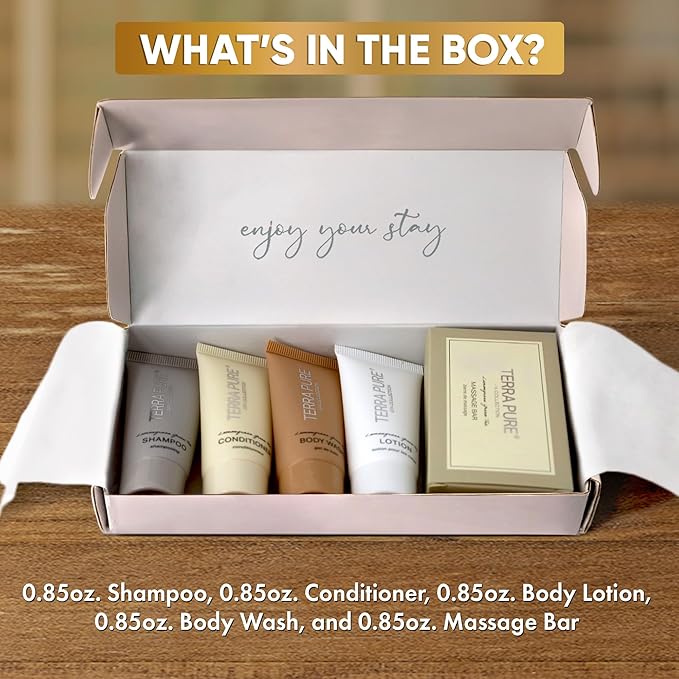 Terra Pure Spa Collection Amenity Kit | Hotel Toiletries | Bulk Set 0.85 oz Travel Size Shampoo,Conditioner, Lotion, Body Wash & Massage Bar for Guest Hospitality AirBnB/Vacation Rentals |1 set/ case-BrightBean Baby