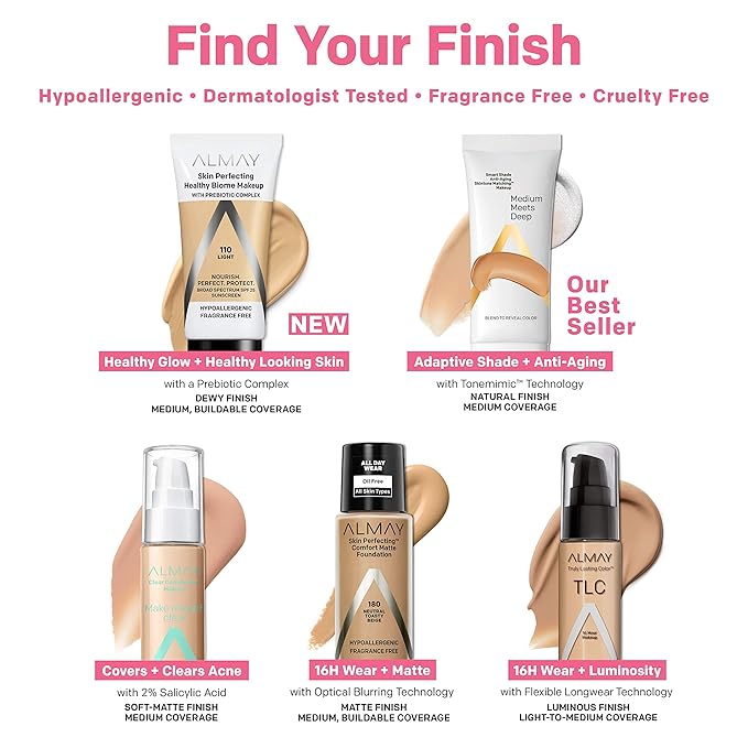 Almay Skin Perfecting Healthy Biome Foundation Makeup with Prebiotic Complex SPF 25, Hypoallergenic, -Fragrance Free, 130 Medium, 1 fl. oz.-BrightBean Baby