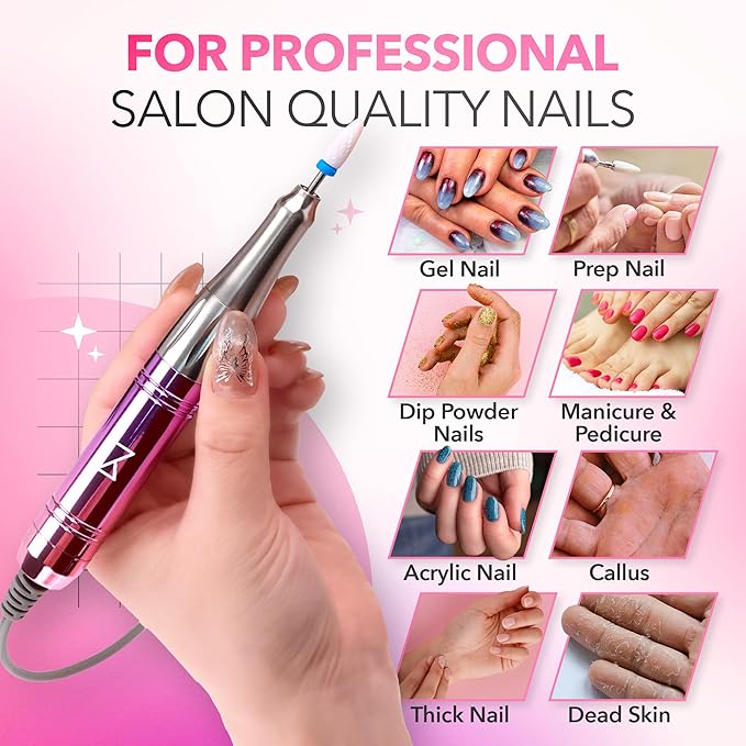 M Mase- Professional Nail Drill Machine - Coreless 2-in-1 Nail File - Electric, Cordless, 35000 RPM, HD Display - Electric Nail Drill for Professional & Home Use (Unicorn Purple)-BrightBean Baby