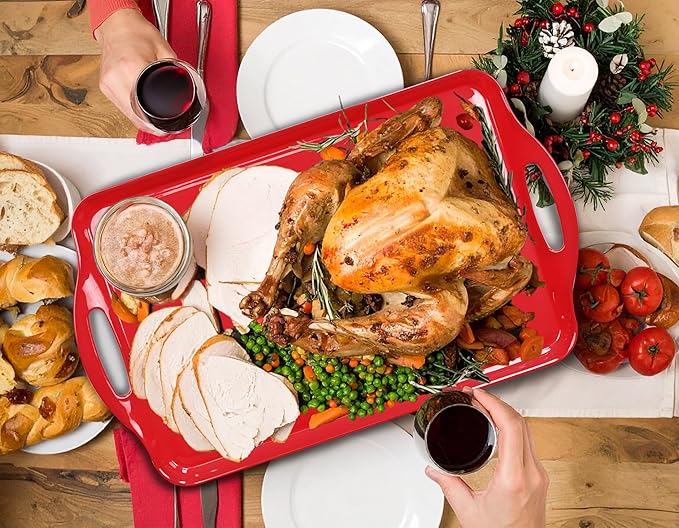 Red Christmas Serving Tray with Handles, 19''x11.6'' Extra Large Red，Melamine Platters Set of 2, Rectangular Trays for Serving Food, Turkey, Cookie, Cupcakes, Desserts, Dishwasher Safe, BPA-Free