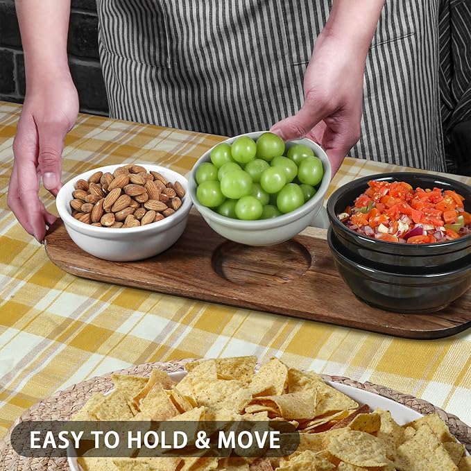 Artena 12 oz Solid Ceramic Chip and Dip Serving Set with Acacia Wooden Tray, 5-inch Grey Dipping Bowls, Small Serving Bowls for Side Dishes, Salsa, Appetizer, Serving Dishes for Entertaining