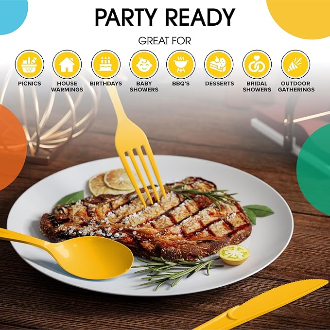 Party Solids Yellow Plastic Silverware Heavy Duty 150 Pieces Yellow Plastic Cutlery Sets, Utensil Sets, 50 Of Each Forks, Knives & Spoons Disposable Cutlery Set, Flatware Set For Party Supplies