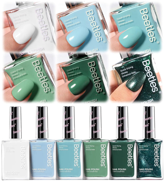 Beetles Green Nail Polish Set P181, 6 Colors Blue White Nail Polish Set, Green Collection Quick Dry Long Lasting Manicure Patricks Day DIY Nail Art Salon Home Gift For Women-BrightBean Baby