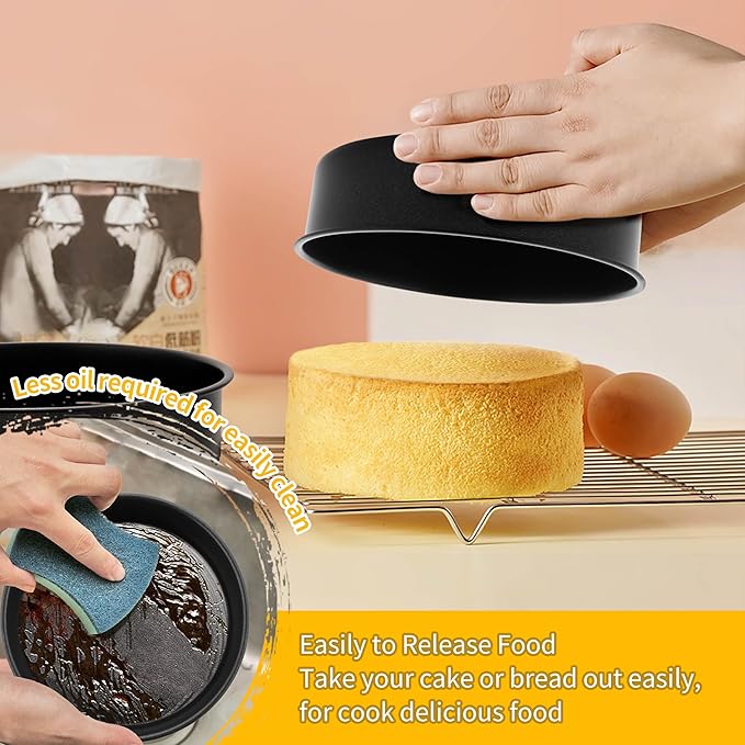 P&P CHEF Cake Pan Set of 3, Non-Stick Round Baking Cake Pans Tins for Tier Smash Cakes, Non-Toxic & Solid, Stainless Steel Core & Leak-Proof, 6 Inch