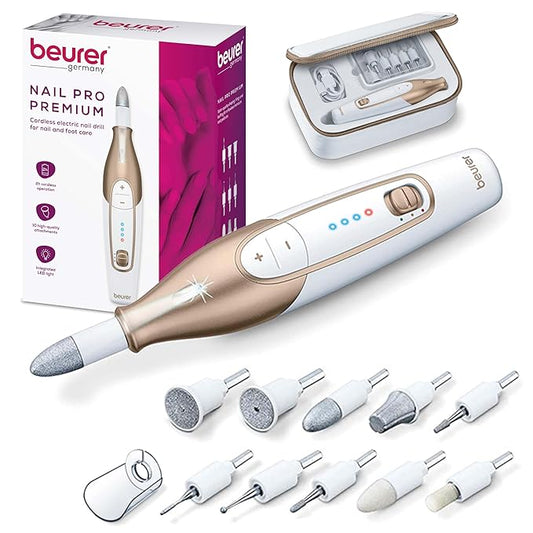 Beurer MP64 Nail Drill Kit, Cordless Electric Nail File with 10 Attachments and LED Light, Electric Manicure Set with Adjustable Speed, E-File for Manicure and Pedicure, with Storage Case-BrightBean Baby