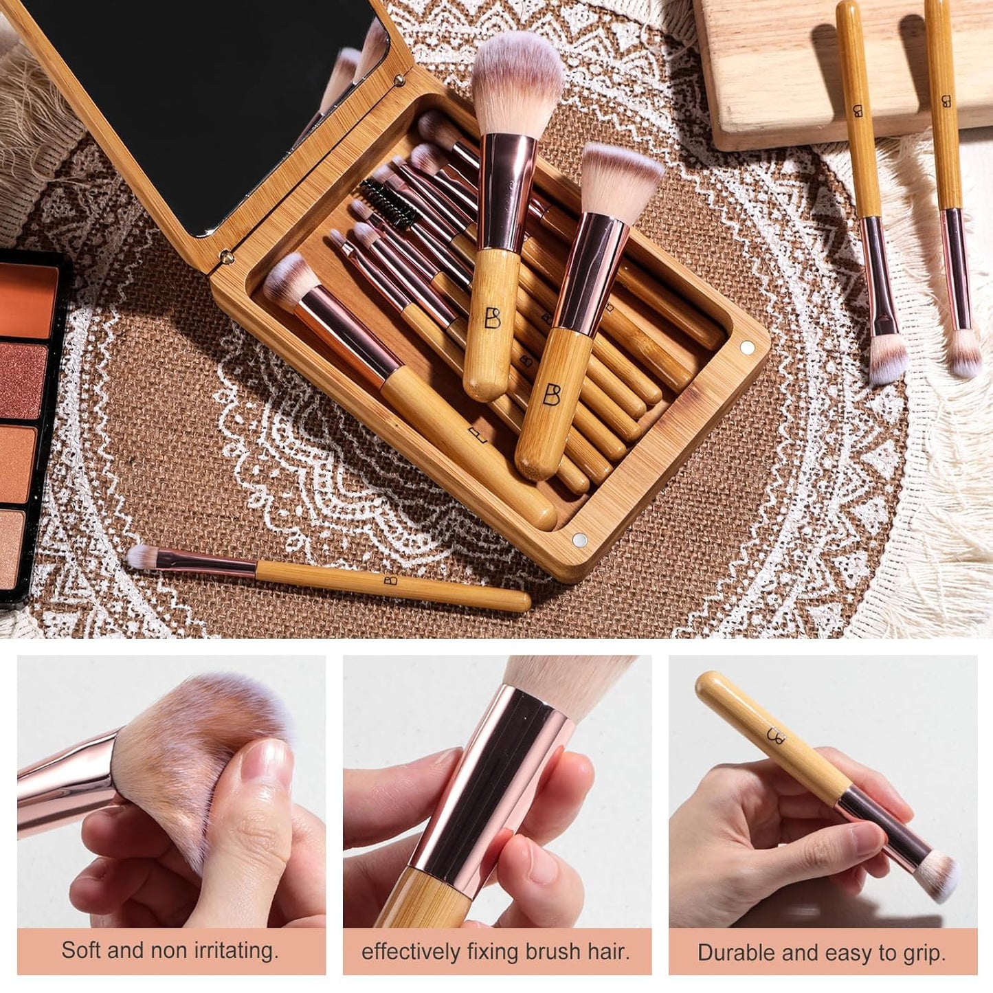 BS-MALL Travel Makeup Brush Set Kabuki Brushes Bamboo- Includes Eyeshadow Blush Brush & Foundation Brush For Liquid Makeup - 5X Magnifier Bamboo Mirror Case For Travel or On the Car Daily Use-BrightBean Baby