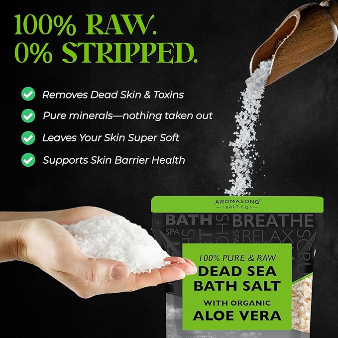 Aromasong 19 lbs RAW Dead Sea Salt with Organic Aloe Vera, not Cleaned, Still Contains All Dead sea Minerals Including Dead sea Mud, Fine Medium Grain Large resealable Bulk Pack - Packaging May Vary-BrightBean Baby