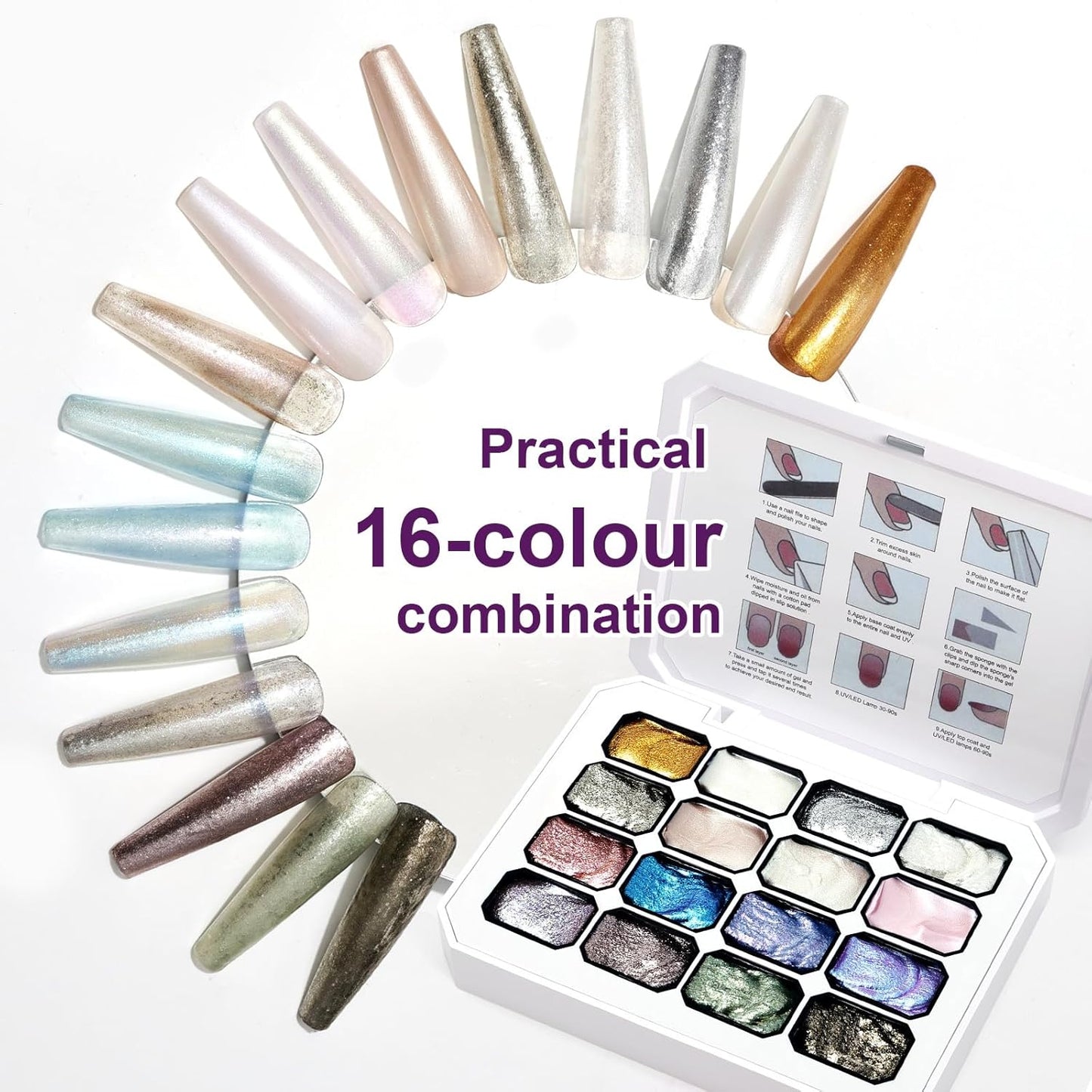 Gradient Painting Gel, 16 Gliter Colors Ombre Gel Nail Polish for Pigment Pat Silver&Gold Pink Blue Aurora color Bright Nails, French Manicure DIY Nail Art No-wipe Palette for Women-BrightBean Baby