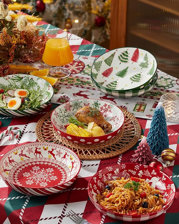 Christmas Pasta Bowl Set, 8 Inch Salad Serving Bowl, Wide and Shallow Bowl Plate for Kitchen, Dishwasher and Microwave Safe, Set of 6