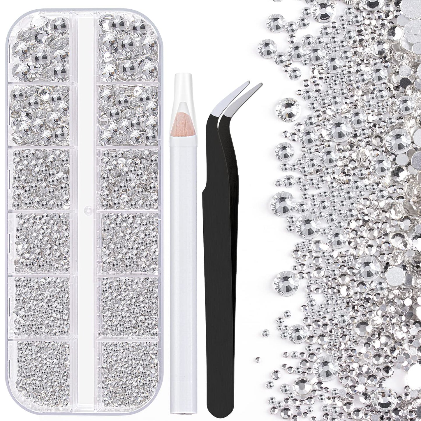 One Pack 2000 Pcs of Flatback Transparent White Clear Round Crystal Rhinestones 6 Sizes (1.5-6 mm) with Nail Art Rhinestone Picker Pencil and Tweezer for DIY and Salon Use-BrightBean Baby