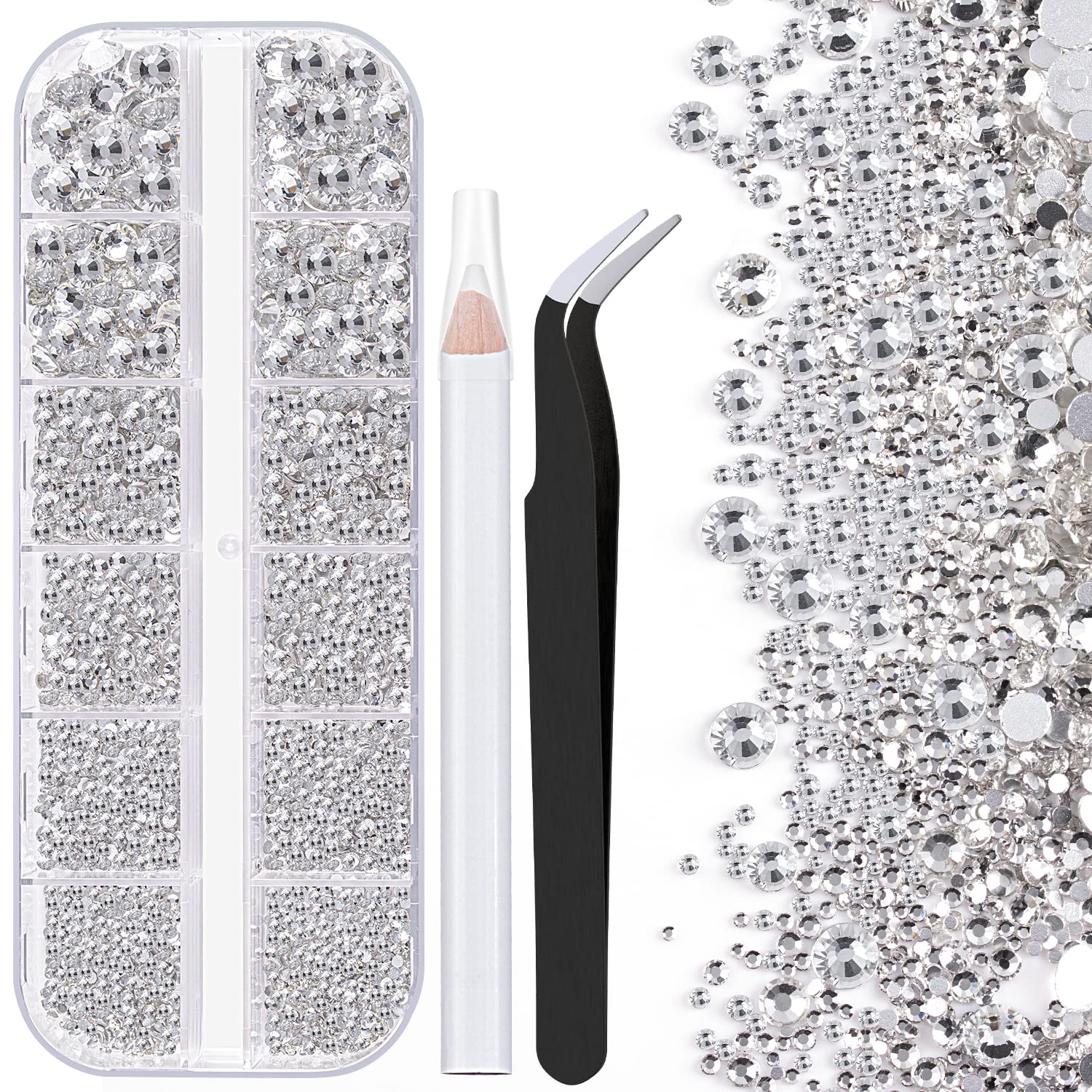 One Pack 2000 Pcs of Flatback Transparent White Clear Round Crystal Rhinestones 6 Sizes (1.5-6 mm) with Nail Art Rhinestone Picker Pencil and Tweezer for DIY and Salon Use-BrightBean Baby