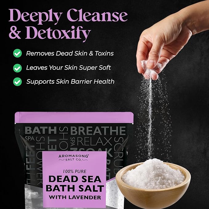 Aromasong Pure Dead Sea Salt for Soaking with 100% Natural Lavender, 5 LB - Spa Bath Salt Fine Grain - Body Wash Scrub - Soak for Women & Men- Bulk Resealable Pack (Packaging May Vary)-BrightBean Baby