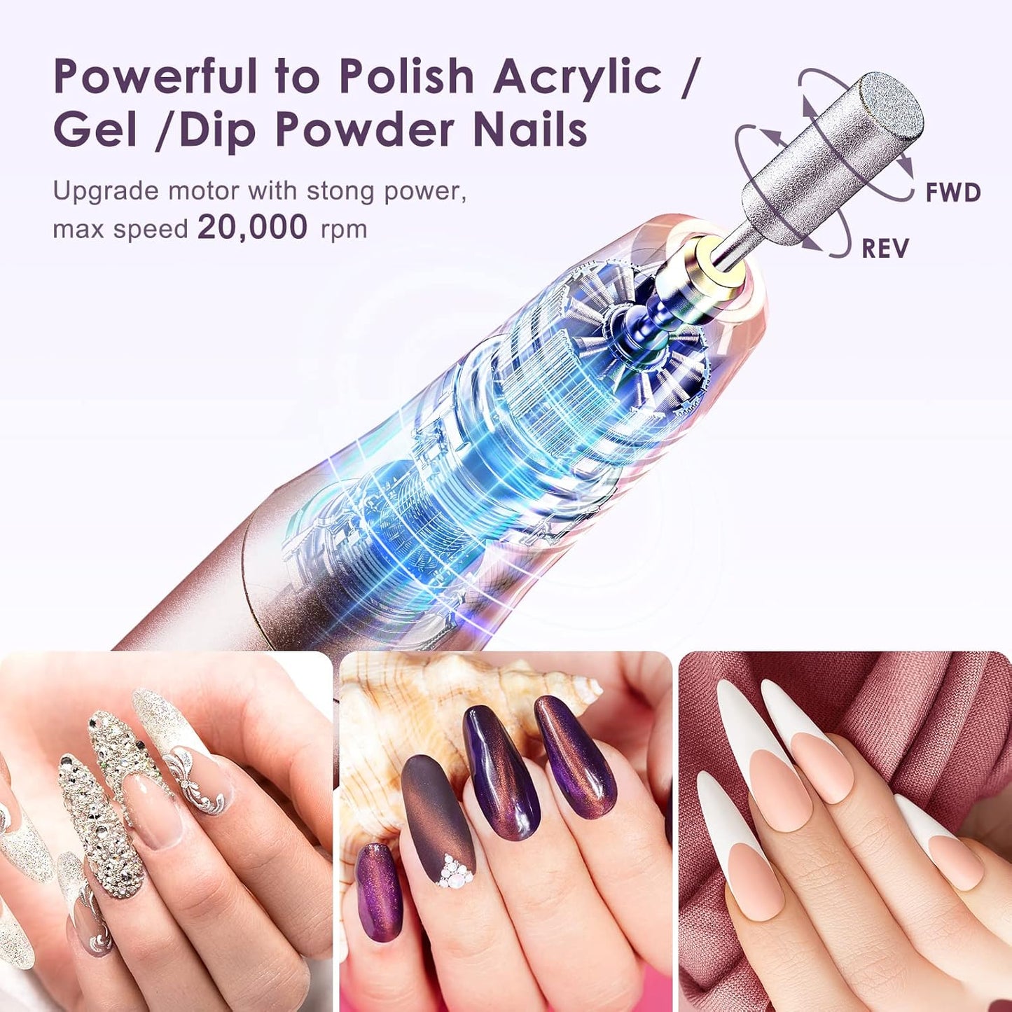 COSLUS Cordless Nail Drill Electric File: Professional for Acrylic Gel Dip Powder Nails Portable Nail Drill Machine Kit for Manicure Pedicure Nail Set with Everything Rechargeable Lightweight-BrightBean Baby