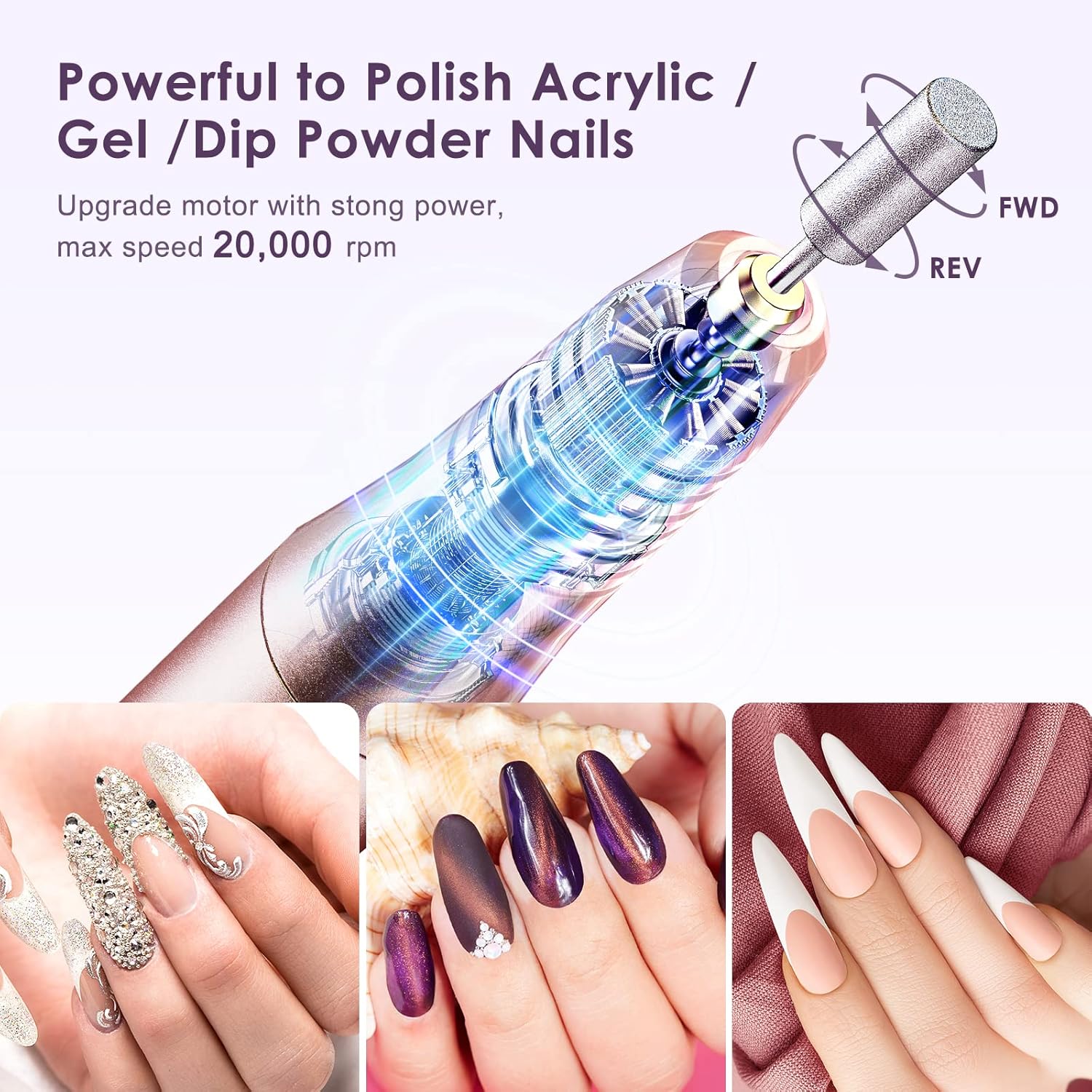 COSLUS Cordless Nail Drill Electric File: Professional for Acrylic Gel Dip Powder Nails Portable Nail Drill Machine Kit for Manicure Pedicure Nail Set with Everything Rechargeable Lightweight-BrightBean Baby