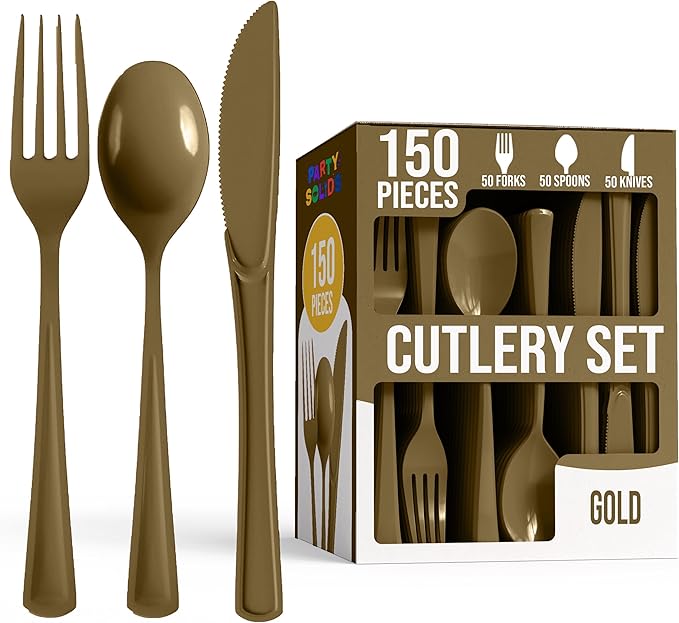 Party Solids Gold Plastic Silverware Heavy Duty 150 Pieces Gold Plastic Cutlery Sets, Utensil Sets, 50 Of Each Forks, Knives & Spoons Disposable Cutlery Set, Flatware Set For Party Supplies