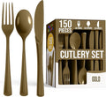 Party Solids Gold Plastic Silverware Heavy Duty 150 Pieces Gold Plastic Cutlery Sets, Utensil Sets, 50 Of Each Forks, Knives & Spoons Disposable Cutlery Set, Flatware Set For Party Supplies