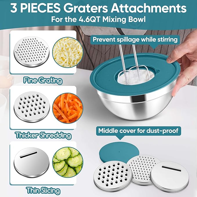 Herogo 5-Piece Mixing Bowls with Lids, 3 Grater Attachments, Stainless Steel Salad Bowls for Kitchen, Size 4.6, 3.5, 2.5, 2, 1.5QT Ideal for Baking, Prepping, Mixing and Serving, Blue