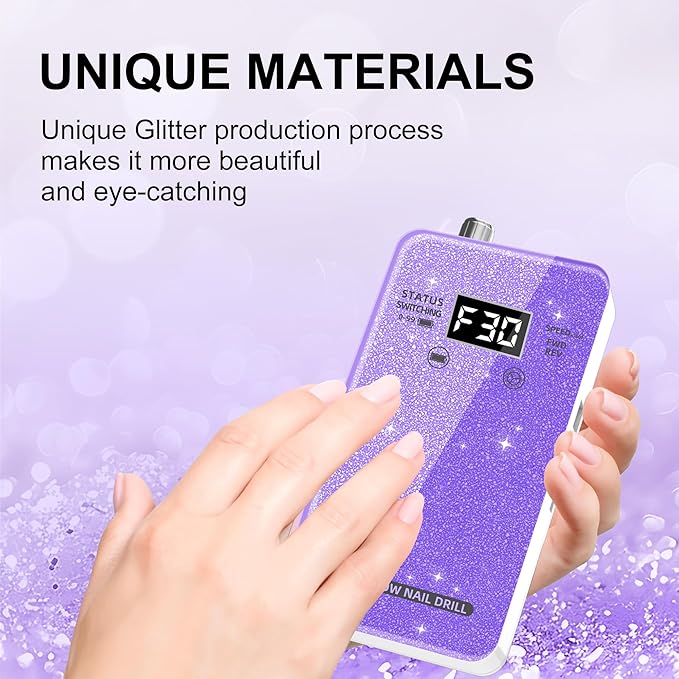 Professional Electric Nail Drill File:COSYGLOW Glitter Portable Cordless E-File Nail Drill Kit with 11 Drill Bits,30000 RPM Rechargeable Nail Drills Machine for Acrylic Nails Gel Polishing(Purple)-BrightBean Baby