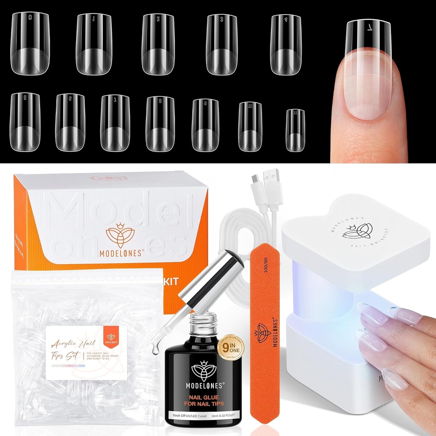 modelones Short Square Gel Nail Tips Kit, 9-in-One Nail Glue with Portable U V Lamp 216Pcs 12Sizes Pre-Etched Press ons Fake Acrylic Extension Kit DIY Salon Gift for Women-BrightBean Baby