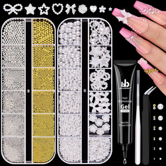 Flatback Pearls (White) and Metal Nail Beads (Silver+Gold) with Rhinestones Glue Gel for Nail Art, Pearl Nail Charms and Round Caviar Beads 3D Flowers Camellia Bows Star Heart for Manicure Decor-BrightBean Baby