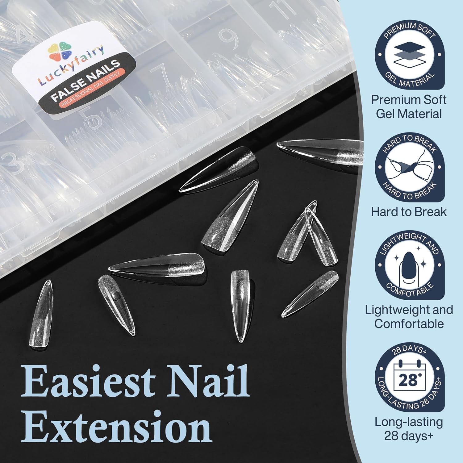 Stiletto Nail Tips Extra Long 240Pcs Pre-shaped Full Cover Fake Nail Tips No Filed Soft Gel Stiletto Acrylic Nails for Soak Off Nail Extension Nail Art DIY 12Sizes-BrightBean Baby