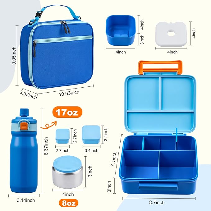 Bento Lunch Box for Kids with 8oz Soup Thermo, Leak-proof Lunch Food Containers with 5 Compartment, Insulated Lunch Bag & 17oz Stainless Steel Water Bottle for School, Trvael