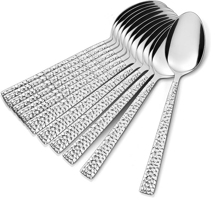 E-far Hammered Dinner Spoons Set of 12, E-far 7.9 Inch Stainless Steel Soup Spoons Tablespoons for Home, Kitchen or Restaurant, Non-toxic & Mirror Polished, Squared Edge & Dishwasher Safe