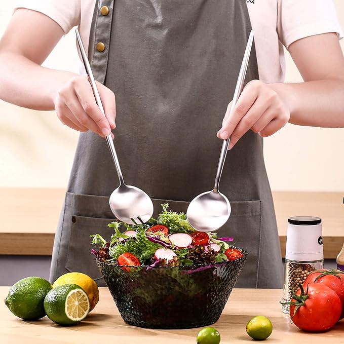 Lemeya Salad Serving Utensils,Serving Spoons Stainless Steel,2Pcs Long Handle Salad Servers 11.42 Inch,Salad Utensils for Serving,Matte Finish,Dishwasher Safe