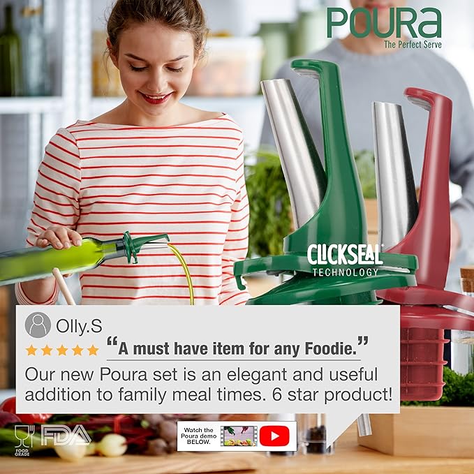 Poura Oil and Vinegar Dispenser Spouts | Airtight ClickSeal BPA Free Bottle Pourers Keeps Oil Fresh with Built-in Caps | Use Your Own Bottles as Vinegar Dispensers | Dishwasher Safe