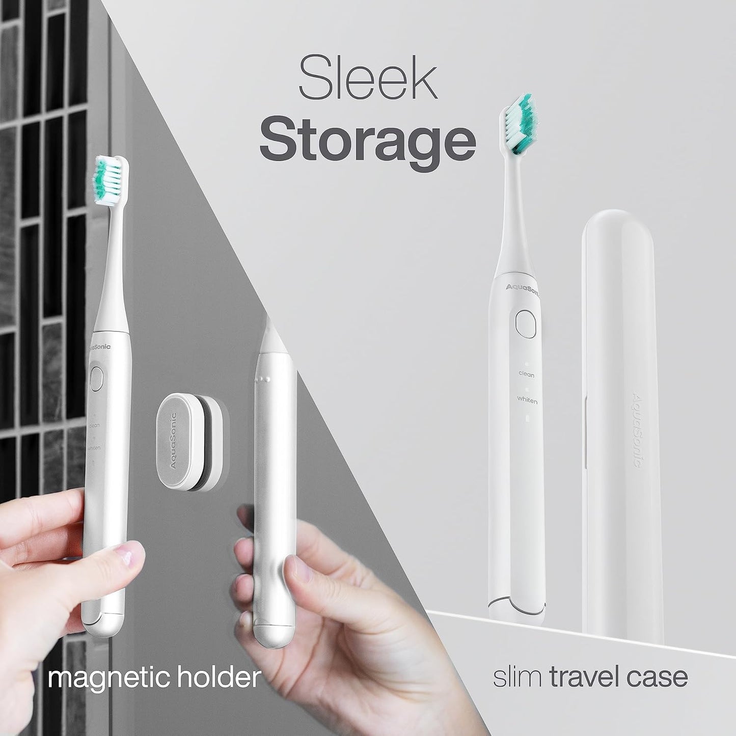 Aquasonic Icon ADA-Accepted Rechargeable Toothbrush | Magnetic Holder & Slim Travel Case | 2 Brushing Modes & Smart Timers | Gentle Micro-Vibrations (Pearl)-BrightBean Baby