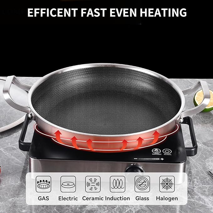 DELARLO 14" Tri-Ply Stainless Steel Paella Pan with Lid